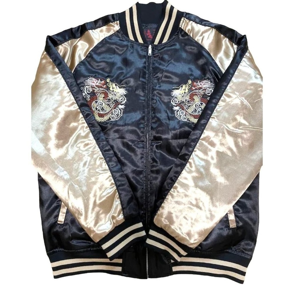 SUKAJAN JAPANESE DRAGON X SUKAJAN SILK BOMBER Blk/GOLD JACKET Sz L (RUNS SMALL)